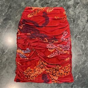 Farm Rio X Anthropologie Ruched Mesh Mini Skirt Size XXS NWT Red Motif Side Zip